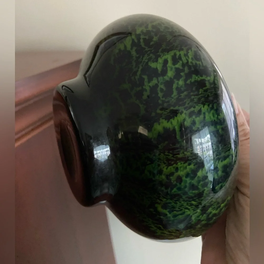 Amazing Mouth-blown Cased Glass Onion Vase Black & Green Alien Speckle w/ White